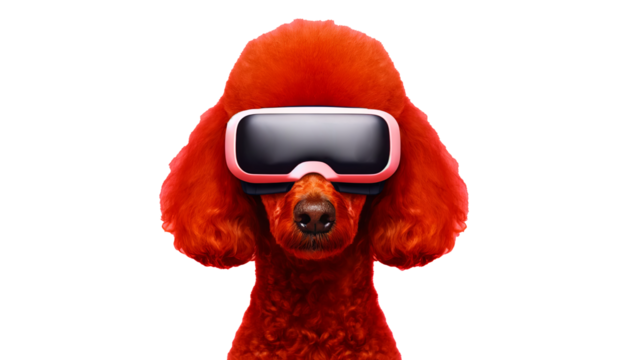 Red Poodle with a VR headset showcases the whimsical fusion of pet world and virtual reality