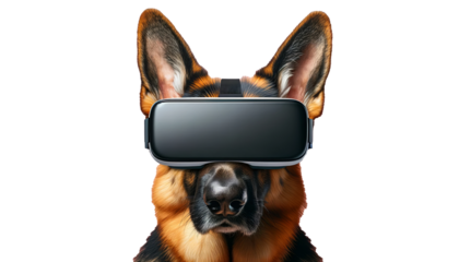 German Shepherd dons VR headset, a witty take on tech-savvy pets