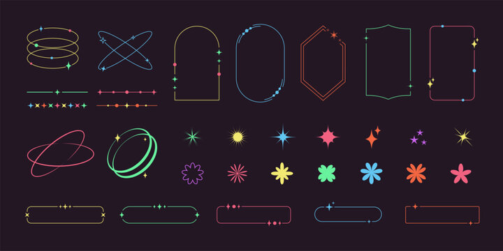 Modern minimalist aesthetic line frames and trendy shapes with stars set. Y2K multicolor design elements.