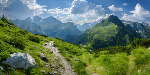 Walking and hiking trails in the Liechtenstein Alps mountain range. - obrazy, fototapety, plakaty