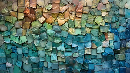 An artistic arrangement of multicolored bricks forming a mosaic-like pattern on a feature wall, with vibrant blues and greens dominating
