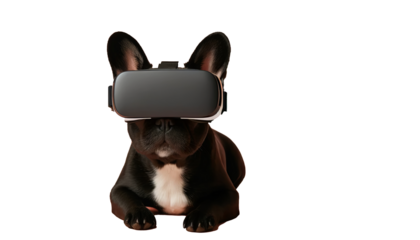 French Bulldog enjoys VR simulation, a creative blend of pet fun and tech.