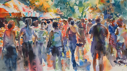 A painting depicting a busy street scene with a diverse crowd of people walking in different directions