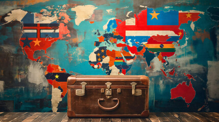 Vintage retro brown suitcase placed in front of the world map with country flags. Trip or journey luggage, tourist summer vacation or holiday baggage, international destination, globe tourism