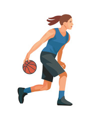 Isolated vector girl figure of a women's basketball player in a blue jersey standing in profile preparing to throw the ball