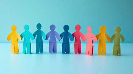 A chain of colorful paper cut out humans holding hands on a blue studio background. Row of diverse people help, family union connection