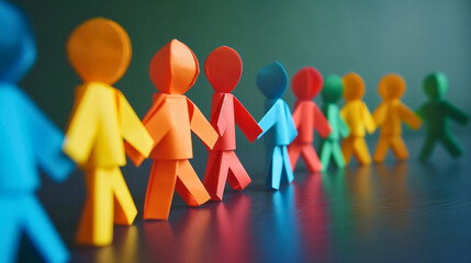 A chain of colorful paper cut out humans holding hands on a table surface. Social support for the community, friendship and togetherness, solidarity, equality