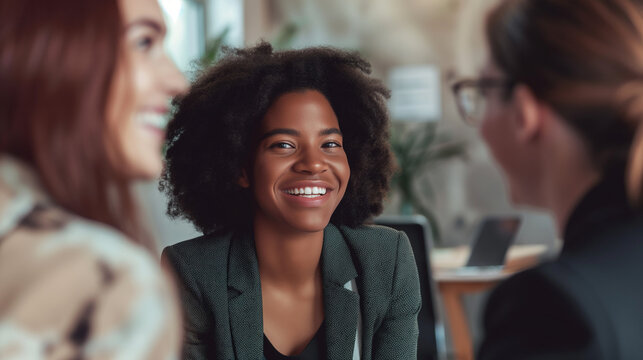 Young happy couple communicating with female real estate agent in office