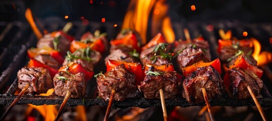 Grilled Skewers with Meat and Vegetables - obrazy, fototapety, plakaty