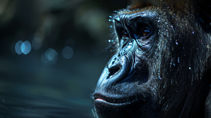 Fototapeta na wymiar A tight shot of a monkey's face, adorned with water droplets, against a softly blurred background