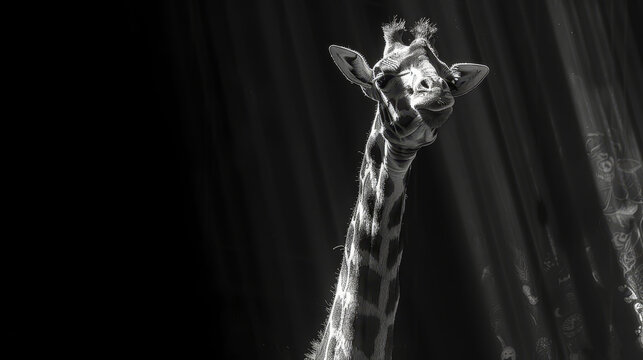   A black-and-white image of a giraffe's head and neck against a uniformly black backdrop