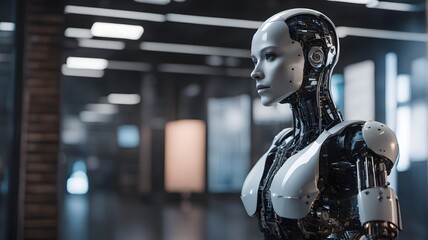Fototapeta na wymiar Female Humanoid Robot with Exposed Mechanics in a Futuristic Setting