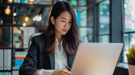 Fototapeta premium Asian businesswoman using laptop while analyzing reports in office.