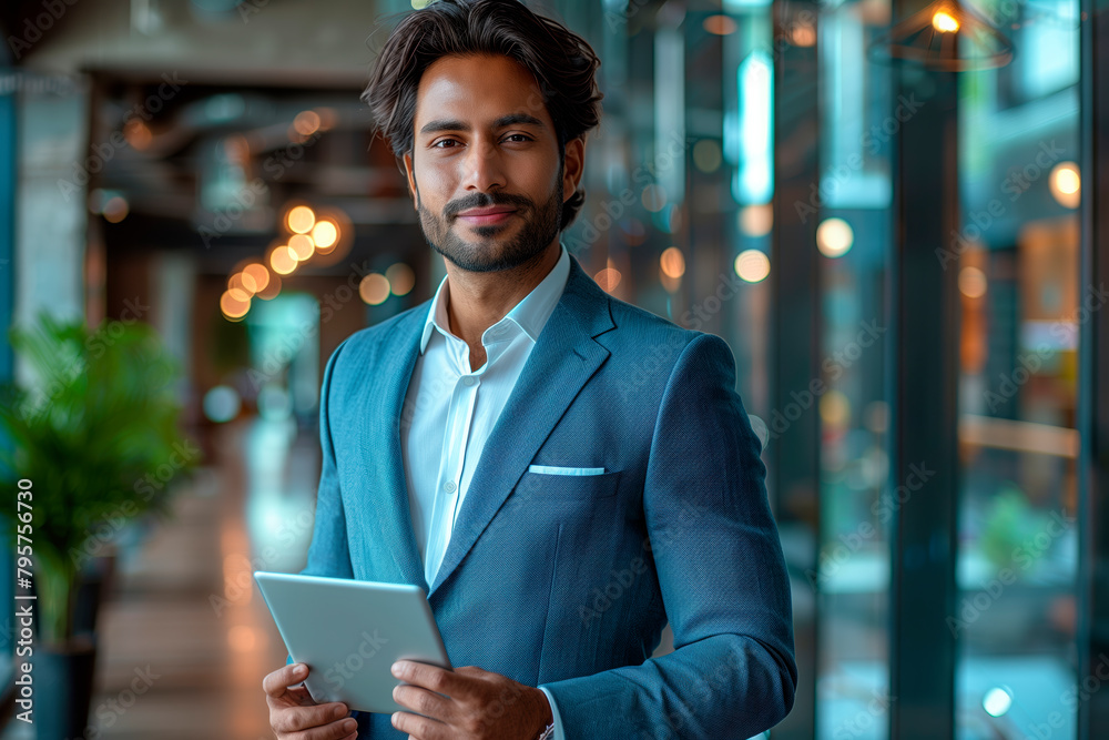 Poster a man in a suit and tie is walking down a hallway with a tablet in his hand. he is smiling and looki
