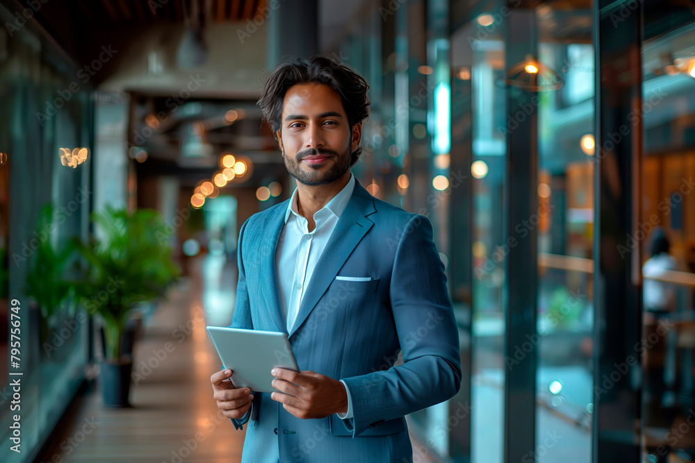 Poster A man in a suit and tie is walking down a hallway with a tablet in his hand. He is smiling and looking happy