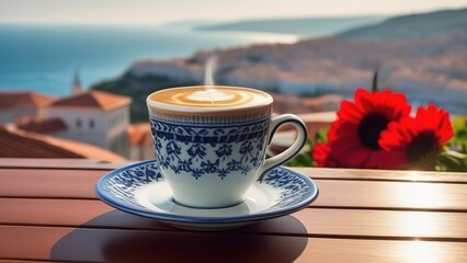 Traditional Turkish coffee on a balcony with a beautiful Turkish Mediterranean city in the background, a cup of coffee or tea on a blurred background of an evening Turkish seascape