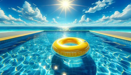 A yellow inflatable ring floats in a pool on a sunny day