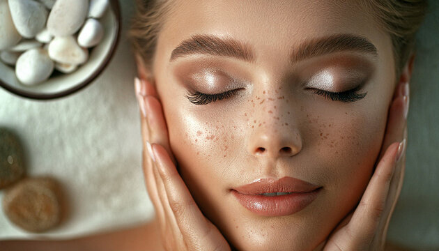Image of female beauty, skin care, body care, beauty salon. Close up shot of woman with freckles relaxing in a spa, space for text
