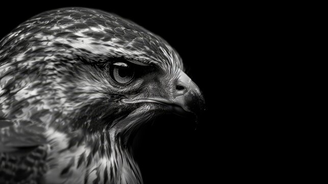   A tight shot of a bird of prey in monochrome against a black backdrop