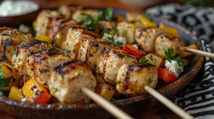   A tight shot of a skewer laden with meat and vegetables