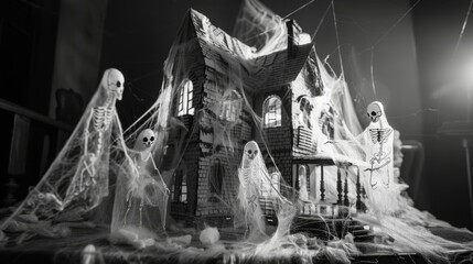 Creepy Paper Haunted House with Ghosts Black & White. - obrazy, fototapety, plakaty