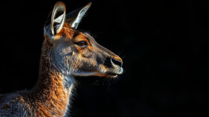   A giraffe's face in close-up, head slightly turned, against a black backdrop