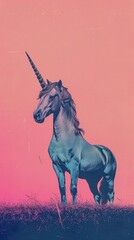 Obraz na płótnie Canvas Silkscreen on paper of a unicorn in meadow wildlife antelope animal.