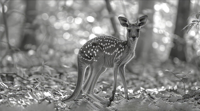   A monochrome image of a young deer in a woodland setting Surrounding terrain features fallen leaves and tree-filled backdrop