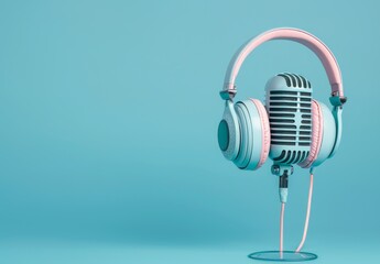 Naklejka premium An artistic collage with modern headphones, a retro microphone on blue background, depicting podcasting and music creativity