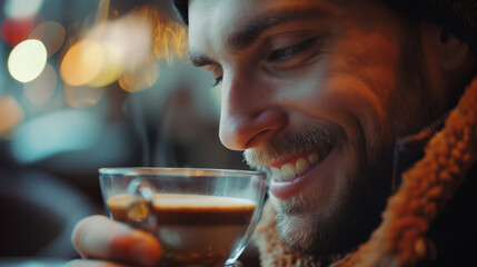 Close up of man drinking cappuccino in a transparent cup, man is smiling,