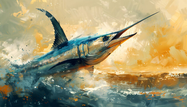 Painting of a swordfish jumping out of the ocean