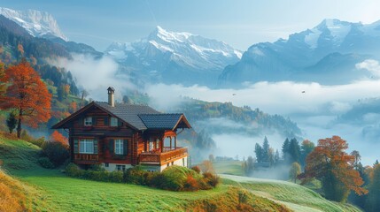   A house sits in the midst of a field with a mountain range as its backdrop; a foggy sky lies behind