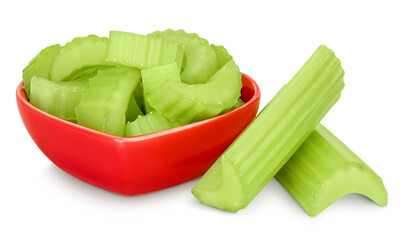 fresh celery in ceramic bowl isolated on white background with full depth of field