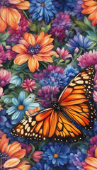 Bright monochrome butterfly amidst a blooming multicolored garden, perfect for design and decor