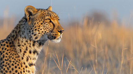   A tight shot of a cheetah's expressive face amidst a sea of golden dry grass, framed by a vast, azure sky