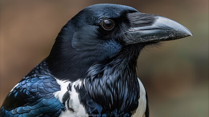Obraz premium A black-and-white bird with a blue head and a black beak against a brown background