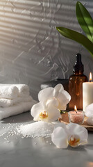 UX Design, spa products and white towels, oils , salt, candles, white orchid, realistic spa elements, minimal