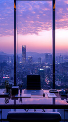 Urban movie poster, CEO office with a modern desk, workplace, minimalism, city skyline in the...