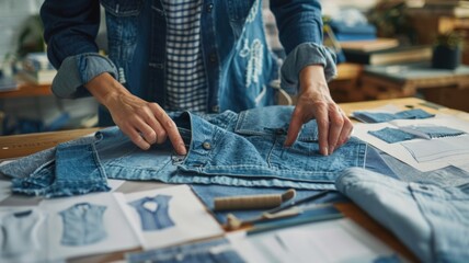 Hands of a designer touching and examining the quality of biodegradable denim, with sketches and eco-friendly fabric samples in the background