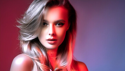 Attractive young female model posing in studio light. Representing beauty hair products and promotion. Great for hair show promo. Copy space for text.