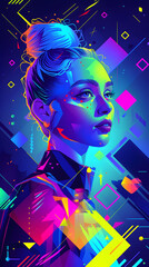 Colorful Digital Illustration of Modern Fashionista Woman with Vibrant Geometric Background.