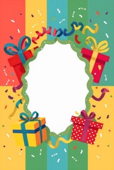 Colorful background with presents, ribbons, confetti, and gift boxes. Beautiful template for a birthday card with frame banner in the middle, space for text, empty, flyer