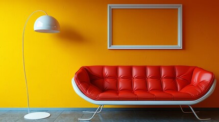   A red couch faces a yellow wall Nearby, a white floor lamp and a white framed picture are situated - obrazy, fototapety, plakaty