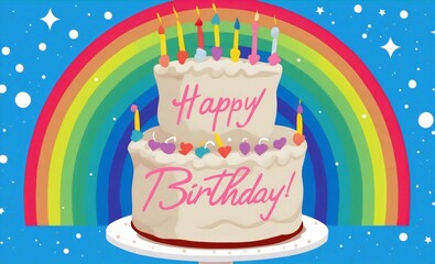 A delightful cake adorned with lit candles and 'Happy Birthday' pink text written on it, placed on a rainbow design background with stars and dots