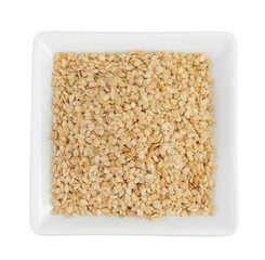 Sesame seeds in ceramic bowl isolated on white background. Top view. Flat lay