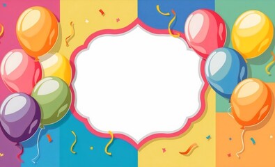 A festive birthday card with colorful balloons and confetti, ready to bring joy and celebration to someone's special day, banner frame with empty space for text