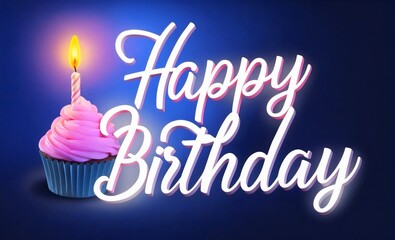 A magical card with a pink cupcake icing and glowing candle, and elegant "Happy birthday" text on a blue backdrop, decoration, design  