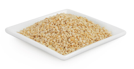 Sesame seeds in ceramic bowl isolated on white background with full depth of field