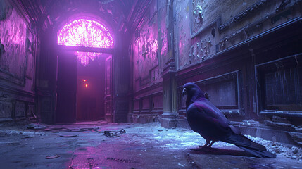 Naklejka premium A bird perched before a building, window revealing purple light