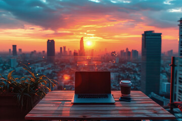 Digital Nomad's Workspace with Laptop, Smartphone and Coffee, Sunset Rooftop Office